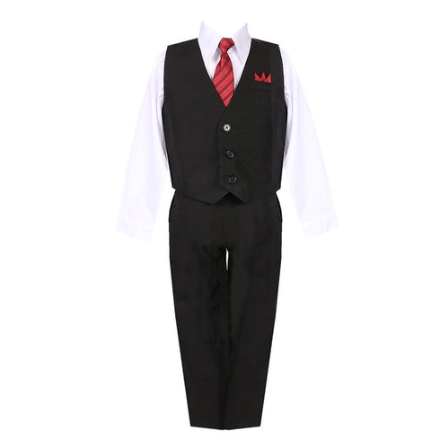 Little Boys Black White Shirt Vest Pants Neck Tie Pocket Hanky 5 pcs Suit 2-7 - SophiasStyle.com